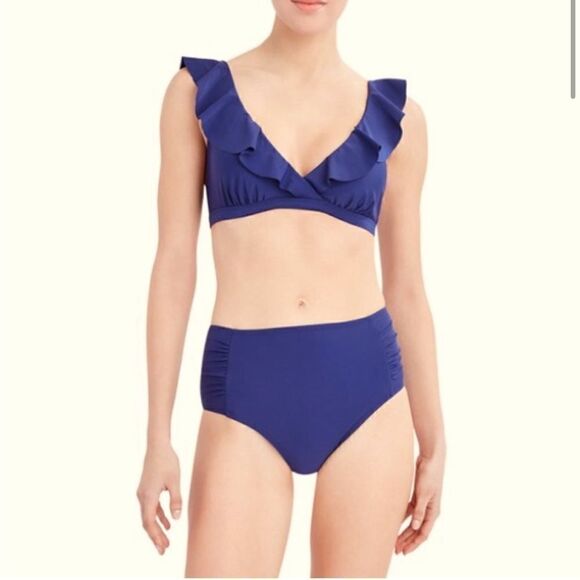 NWT New BCBG Paris Ruffled V Neck Plunge Bikini Swim Top L Midnight Adjustable - Picture 2 of 7
